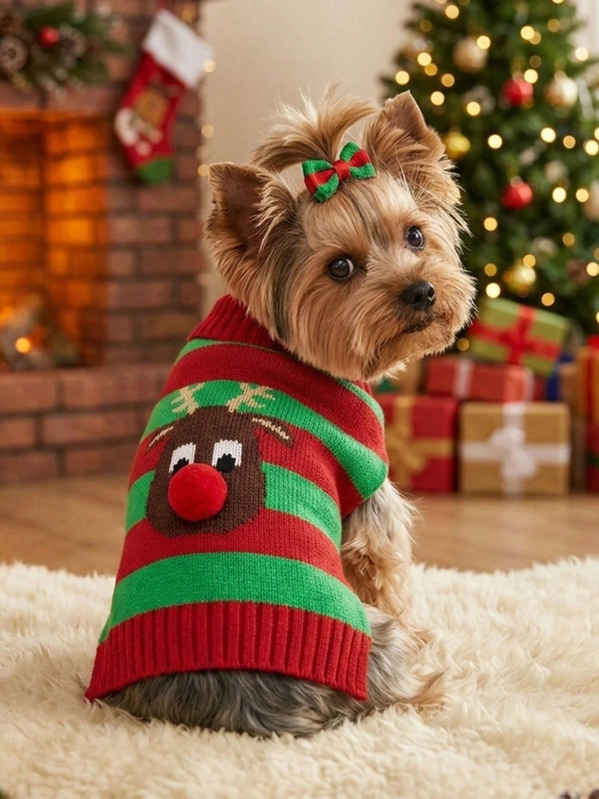 Christmas Dog Sweater – Knitted Reindeer & Striped Design