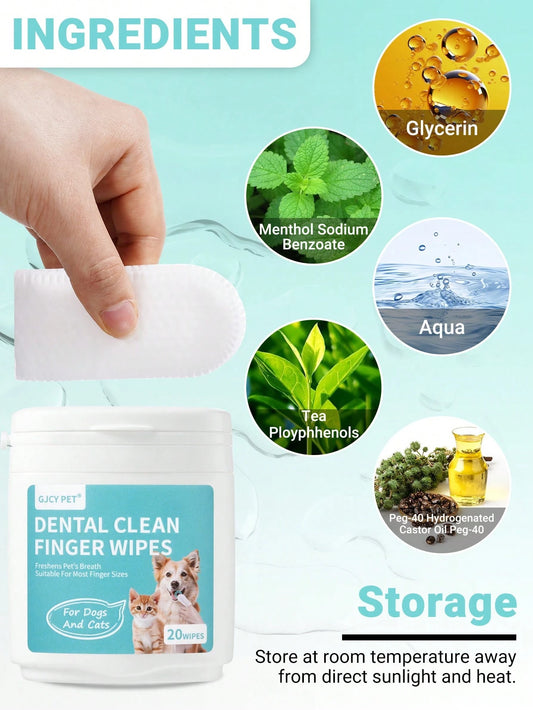 Pet Dental Finger Wipes for Dogs & Cats – 20 Count Oral Care Wipes