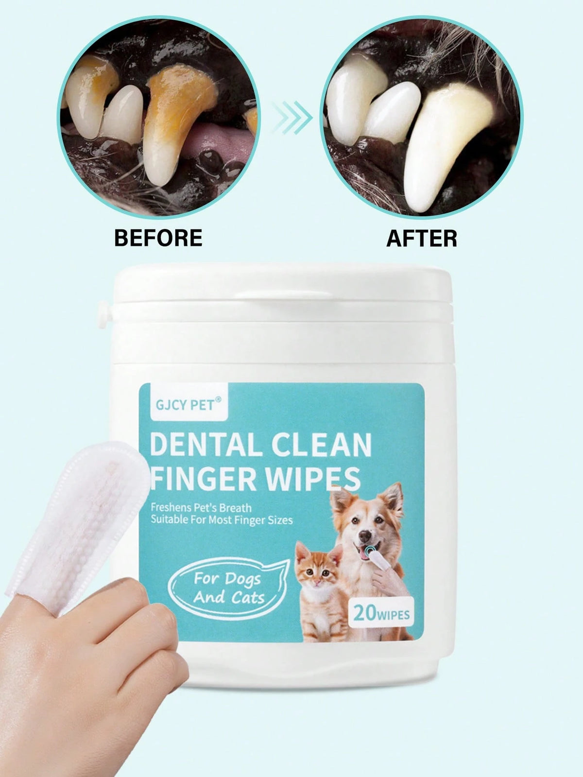 Pet Dental Finger Wipes for Dogs & Cats – 20 Count Oral Care Wipes