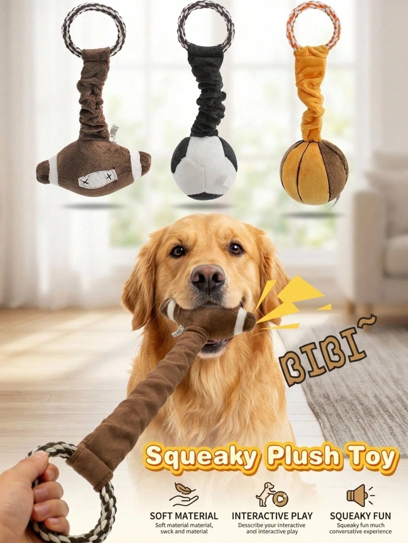Interactive Squeaky Sports Ball Dog Toy | Football, Basketball & Rugby Plush Toy