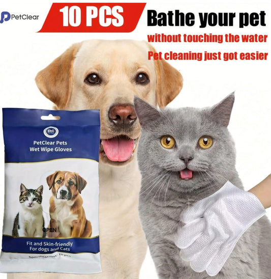 Pet Wet Wipe Gloves & Ear Hair removal powder – 10pcs Cleaning Gloves for Dogs & Cats