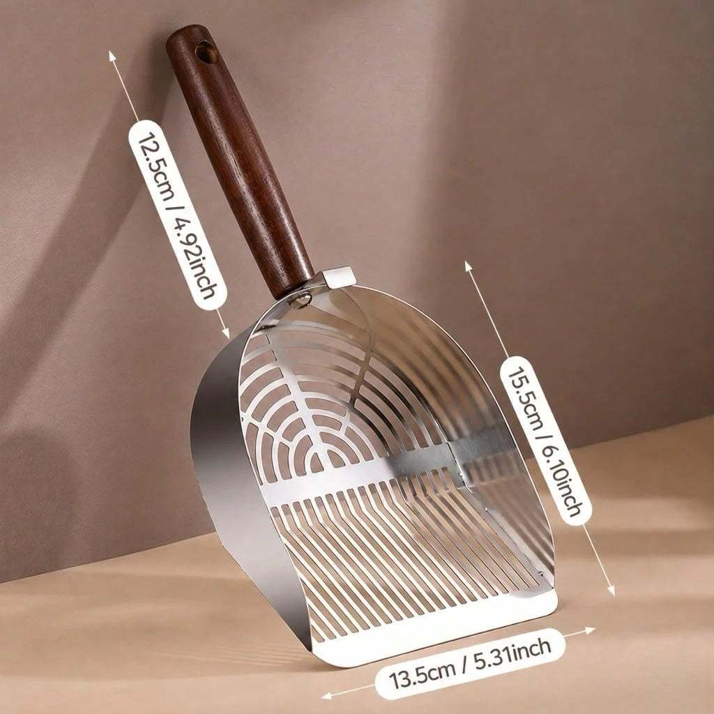 Stainless Steel Cat Litter Scoop with Wooden Handle – Deep Bucket Sieve, Anti‑Stick & Anti‑Rust Pet Cleaning Tool