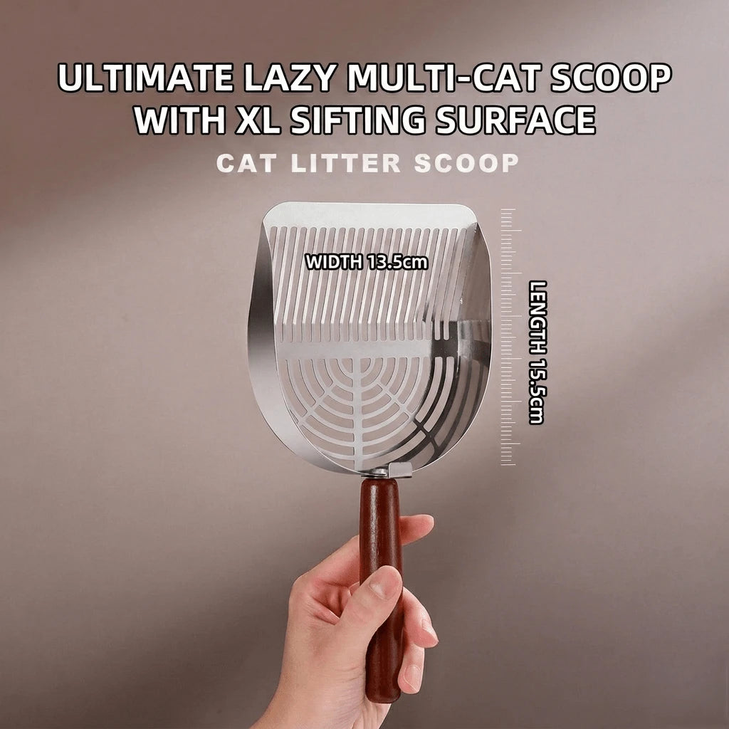 Stainless Steel Cat Litter Scoop with Wooden Handle – Deep Bucket Sieve, Anti‑Stick & Anti‑Rust Pet Cleaning Tool