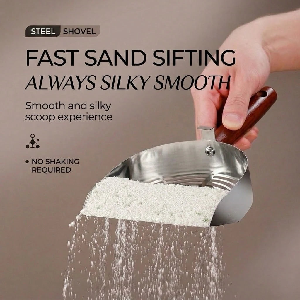 Stainless Steel Cat Litter Scoop with Wooden Handle – Deep Bucket Sieve, Anti‑Stick & Anti‑Rust Pet Cleaning Tool