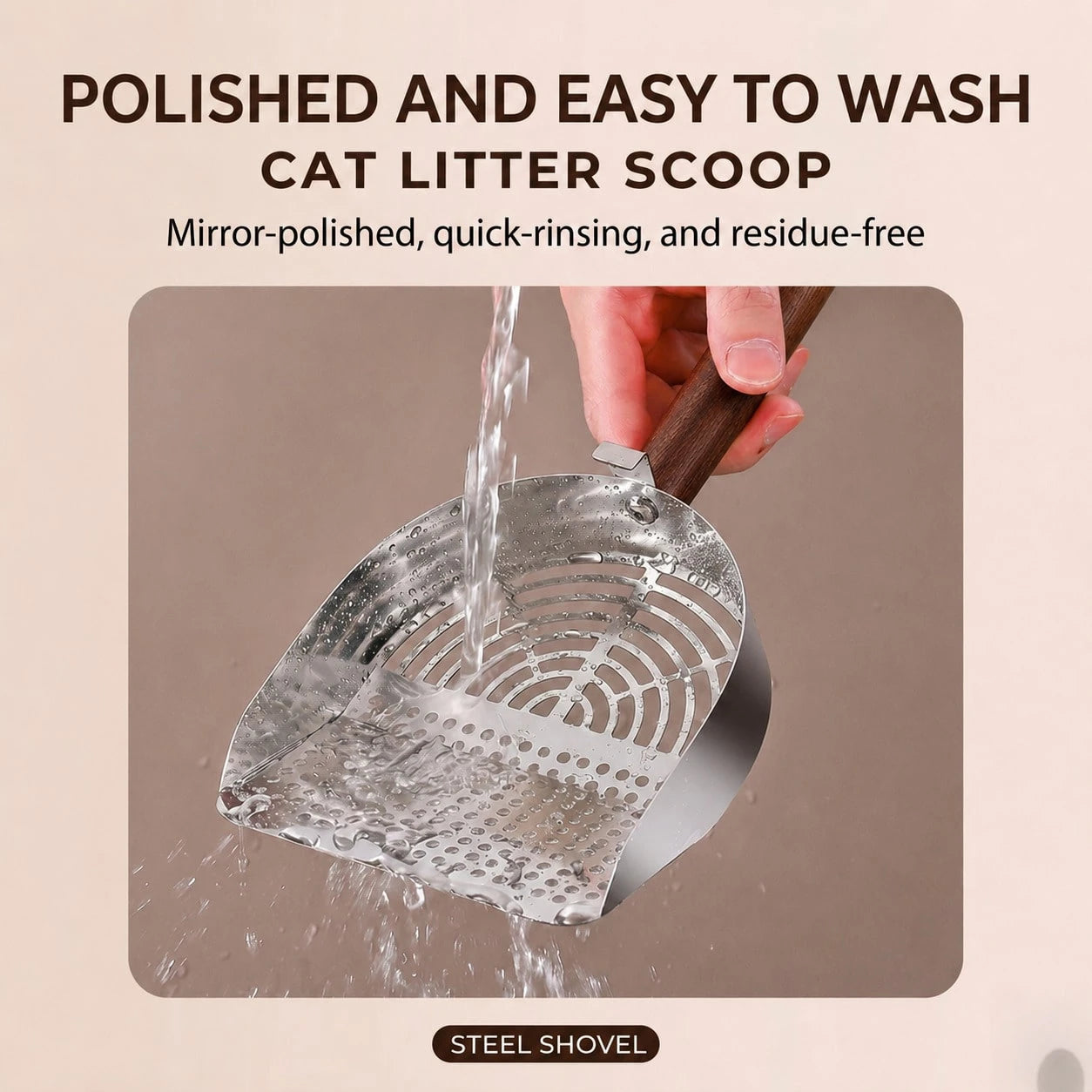 Stainless Steel Cat Litter Scoop with Wooden Handle – Deep Bucket Sieve, Anti‑Stick & Anti‑Rust Pet Cleaning Tool