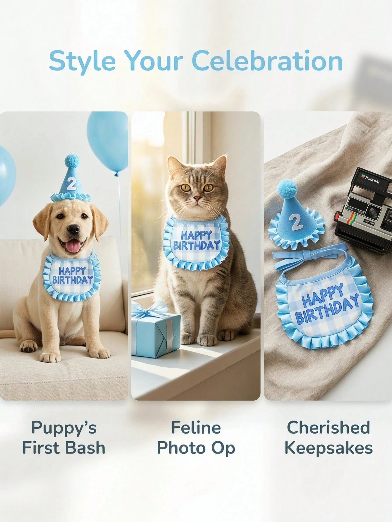 Pet Birthday Hat and Bib Set | Cute Cat & Dog Birthday Party Outfit