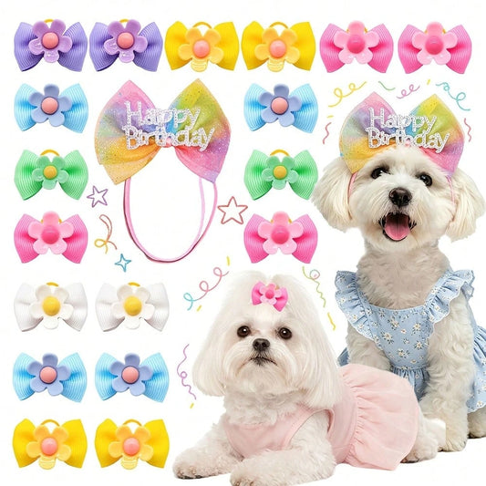 13-Piece Dog Hair Accessories Set – Birthday Bows & Flower Bands