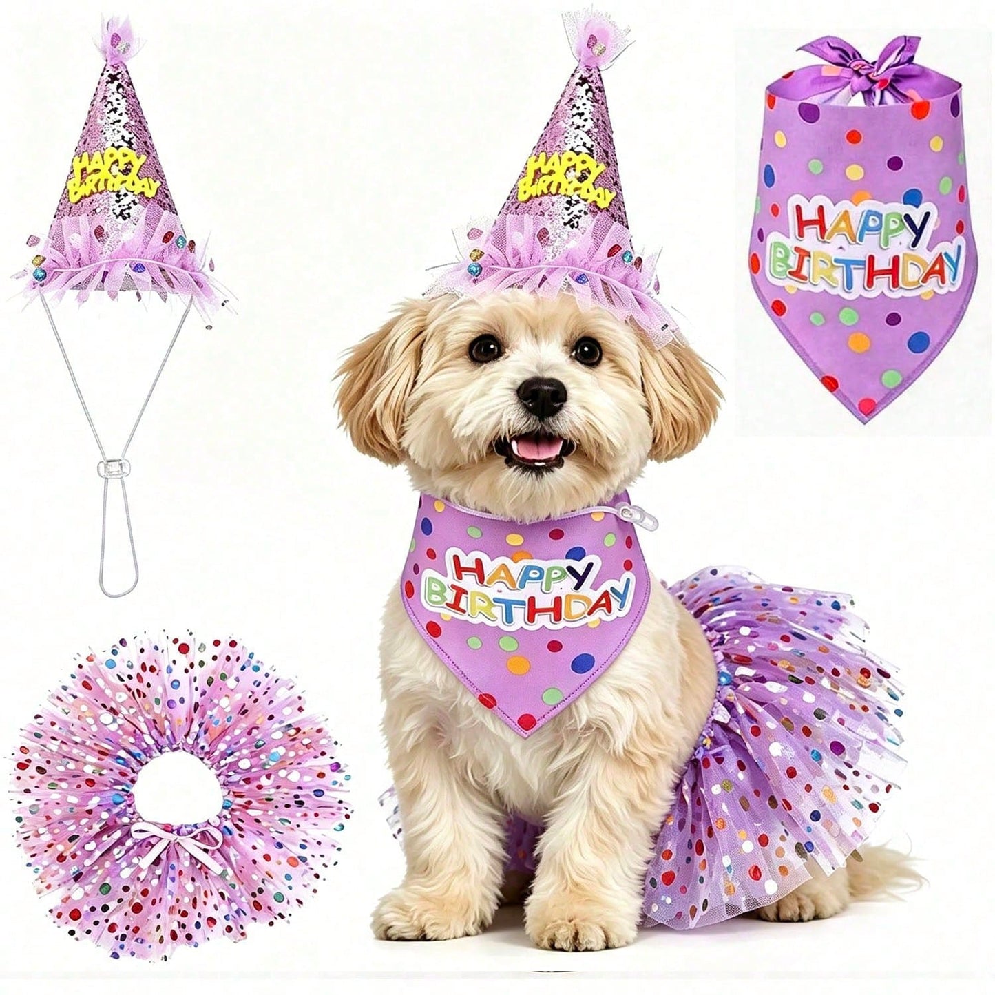 Dog Birthday Dress Set – Tutu Outfit with Hat & Bandana