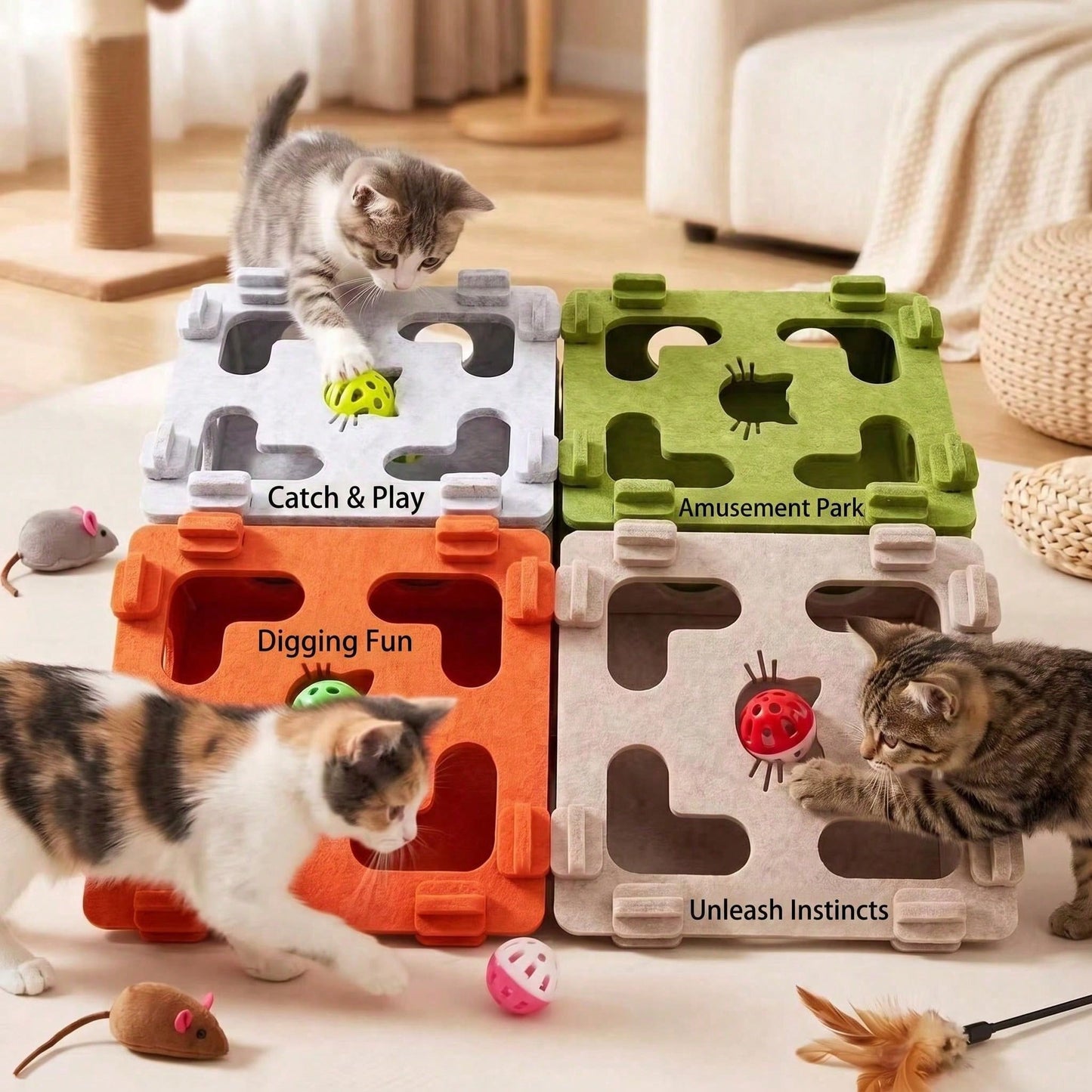 Interactive Felt Cat Puzzle Box with Bell Ball | Indoor Maze Toy for Cats & Kittens
