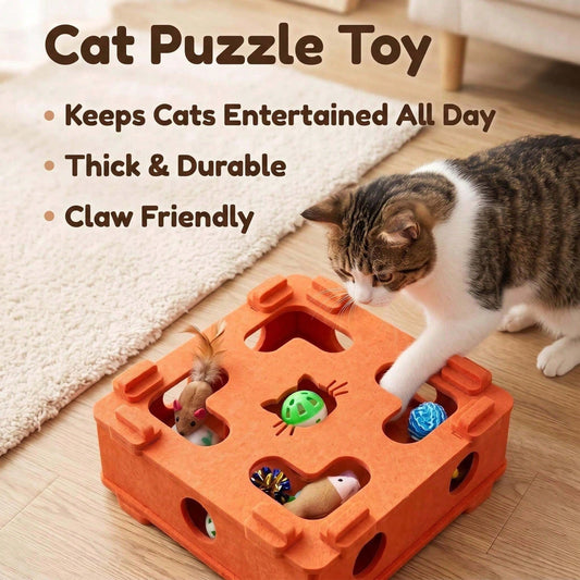 Interactive Felt Cat Puzzle Box with Bell Ball | Indoor Maze Toy for Cats & Kittens