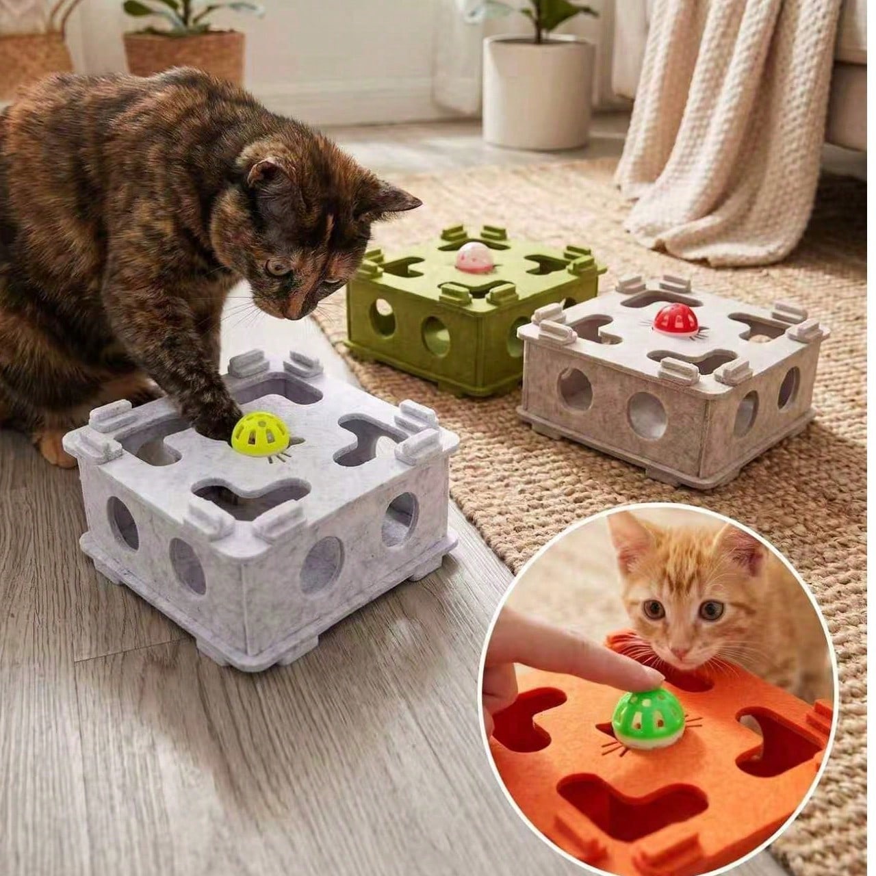 Interactive Felt Cat Puzzle Box with Bell Ball | Indoor Maze Toy for Cats & Kittens