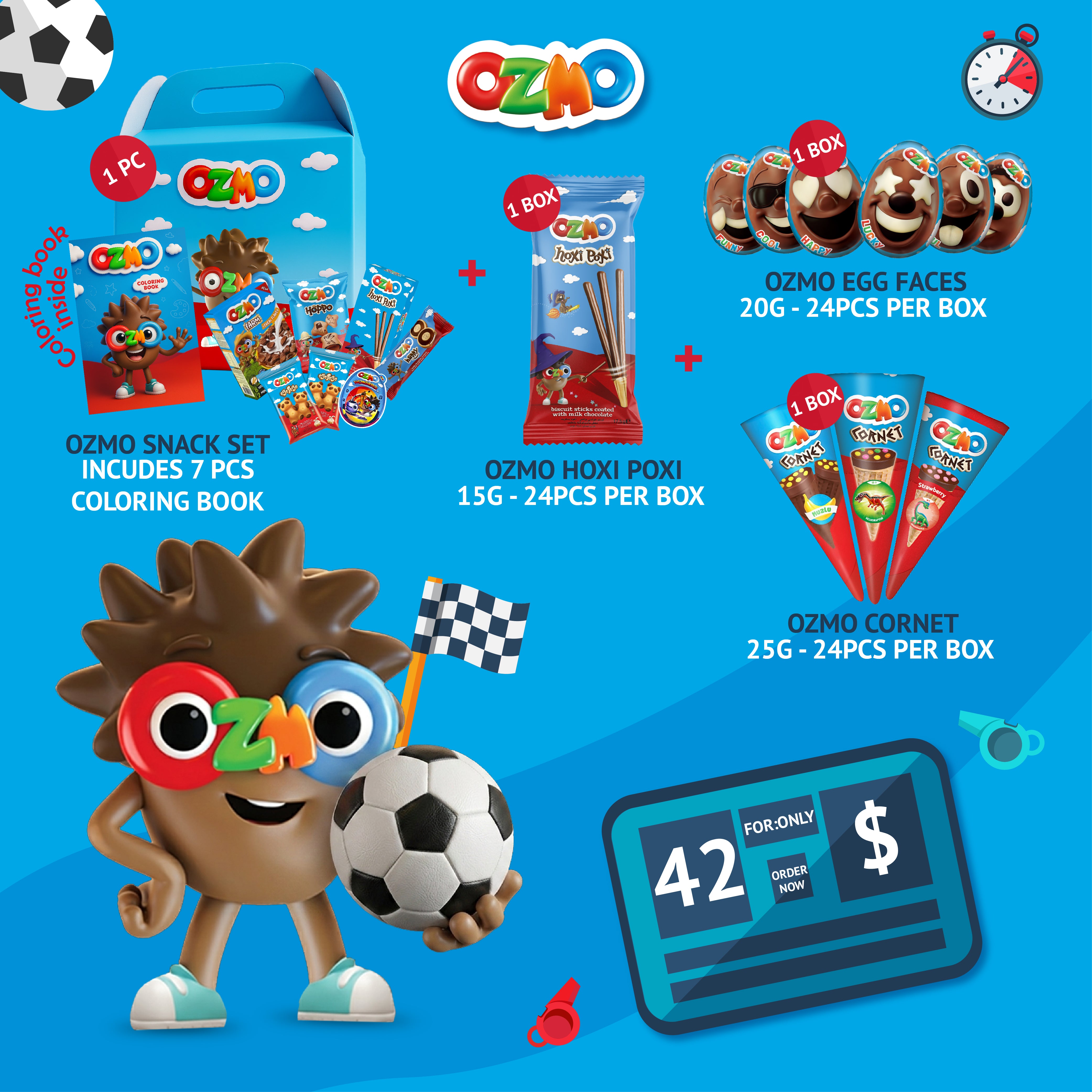 OZMO World Cup Bundle offer: Snack Set + Hoxi Poxi + Egg Faces + Cornet