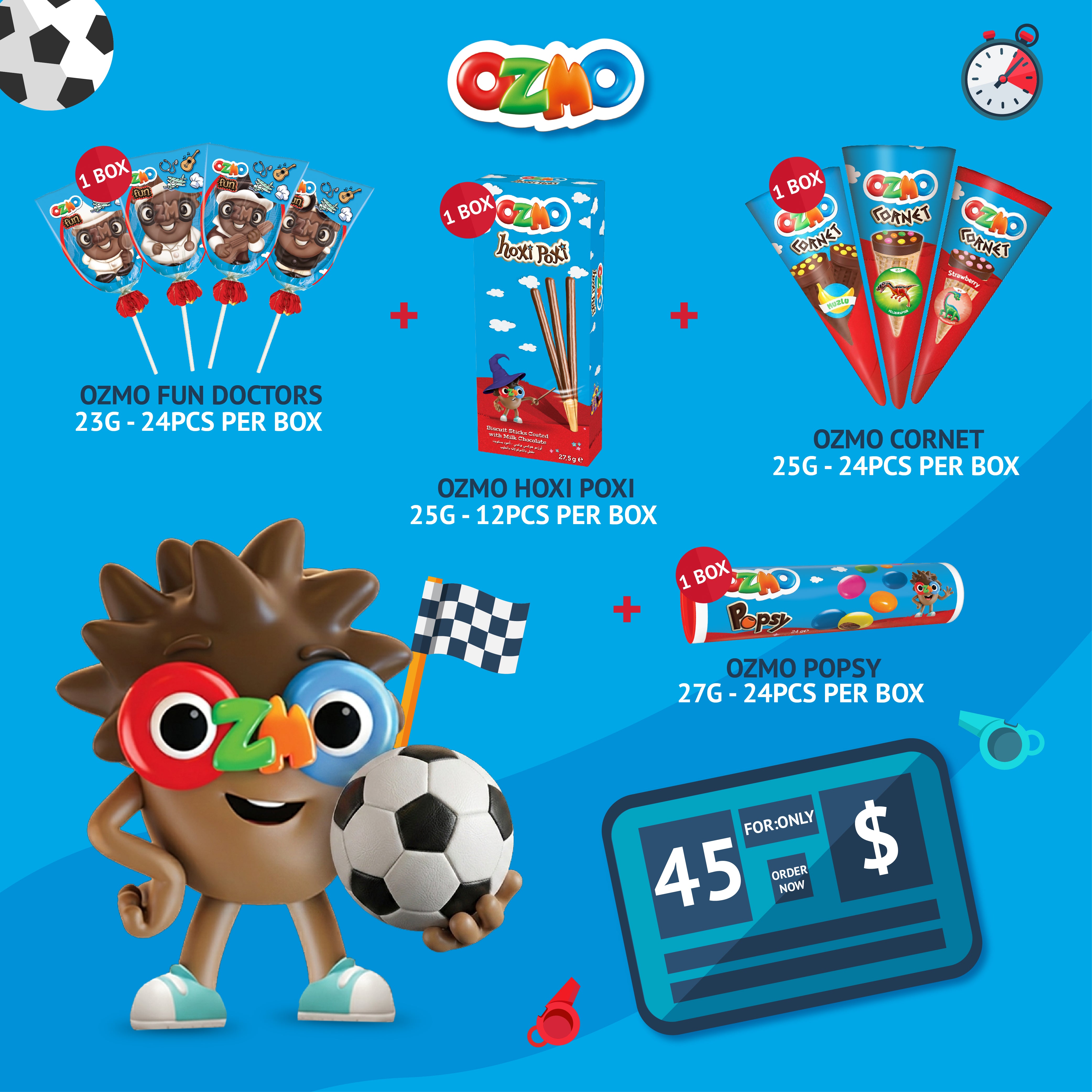 OZMO World Cup Bundle offer: Fun Doctors + Hoxi Poxi + Cornet + Popsy