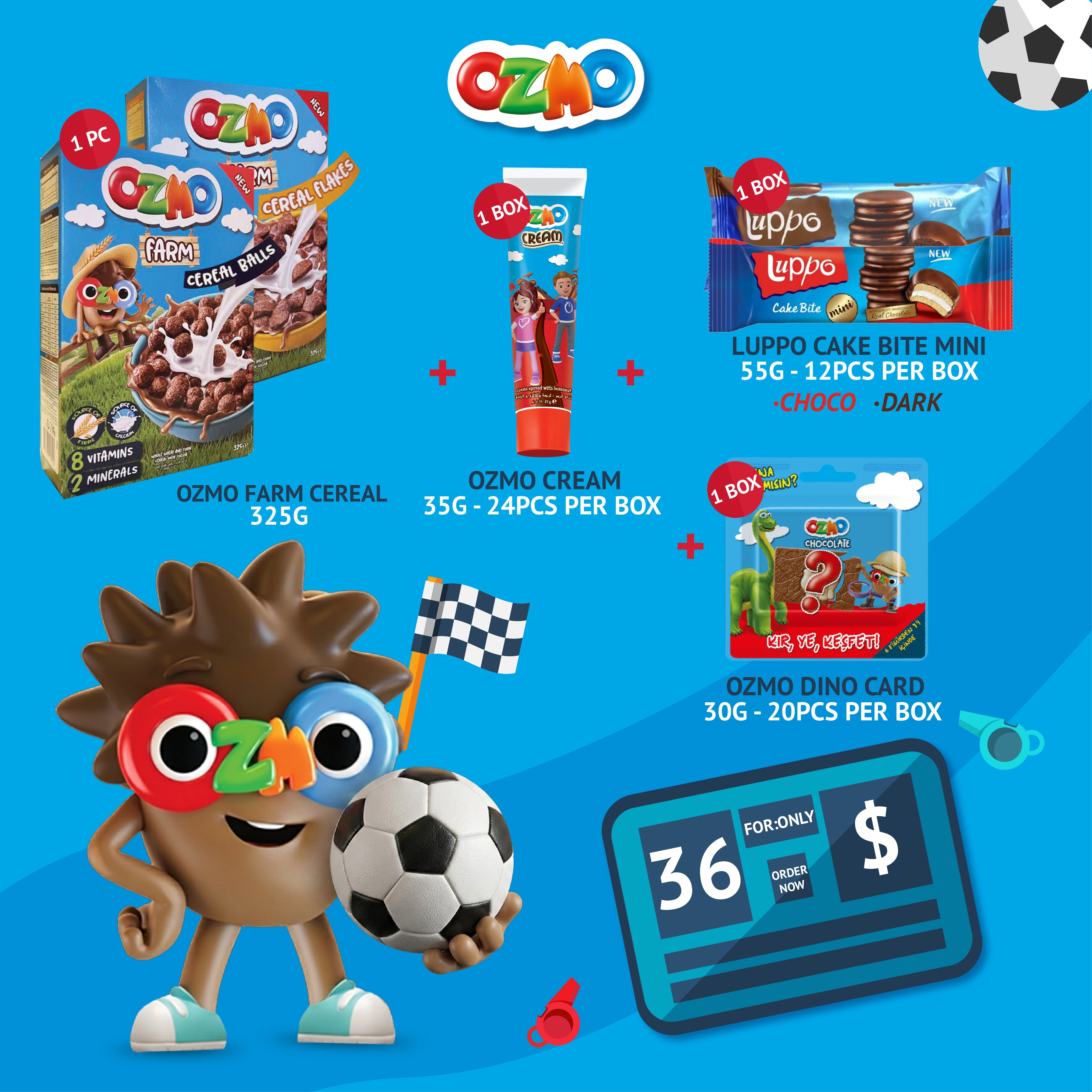 OZMO World Cup Bundle offer: Farm Cereal + Cream + Luppo Cake Bite + Dino Card