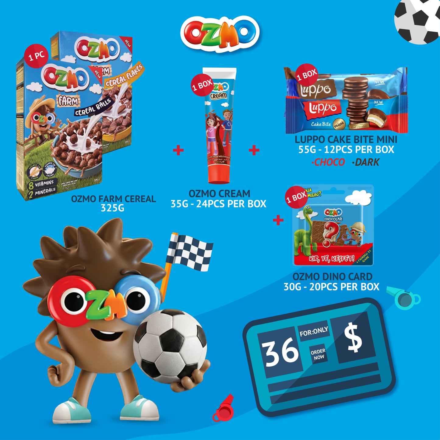 OZMO World Cup Bundle offer: Farm Cereal + Cream + Luppo Cake Bite + Dino Card