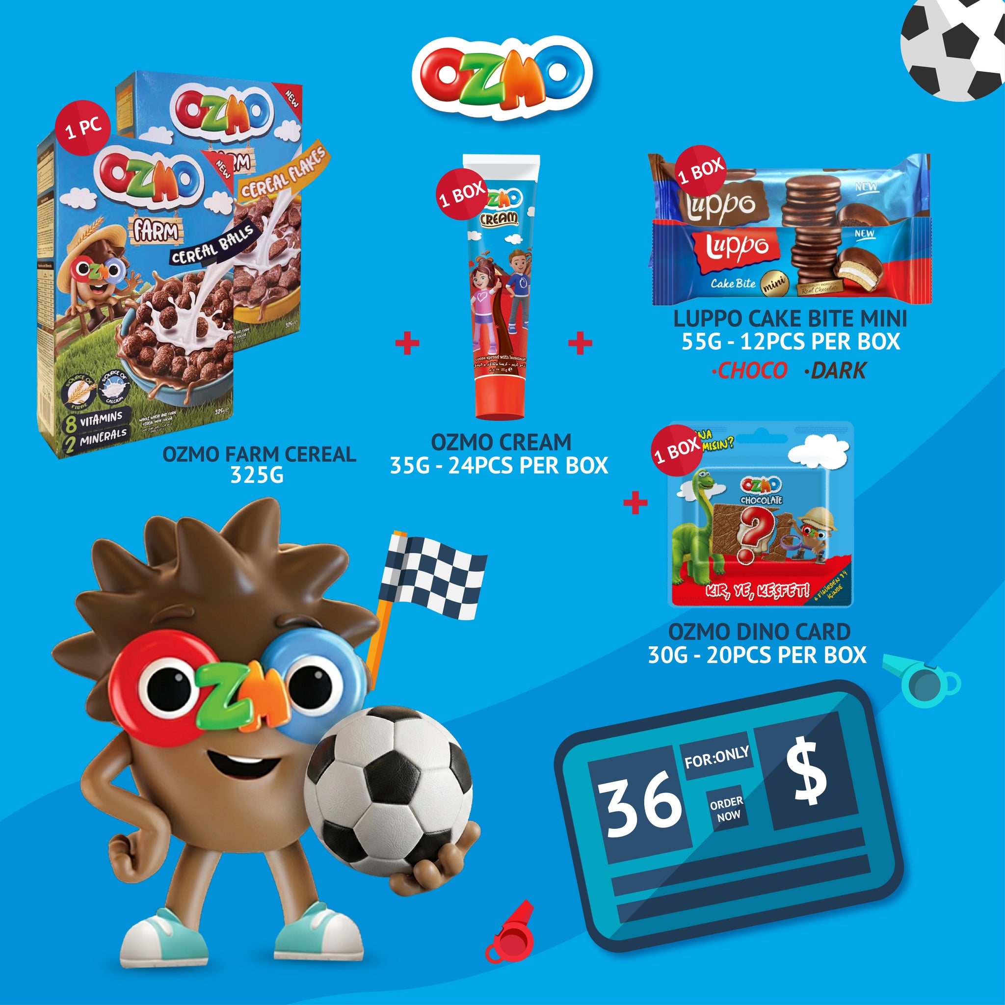 OZMO World Cup Bundle offer: Farm Cereal + Cream + Luppo Cake Bite + Dino Card