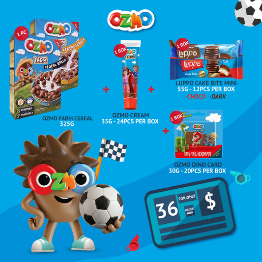 OZMO World Cup Bundle offer: Farm Cereal + Cream + Luppo Cake Bite + Dino Card