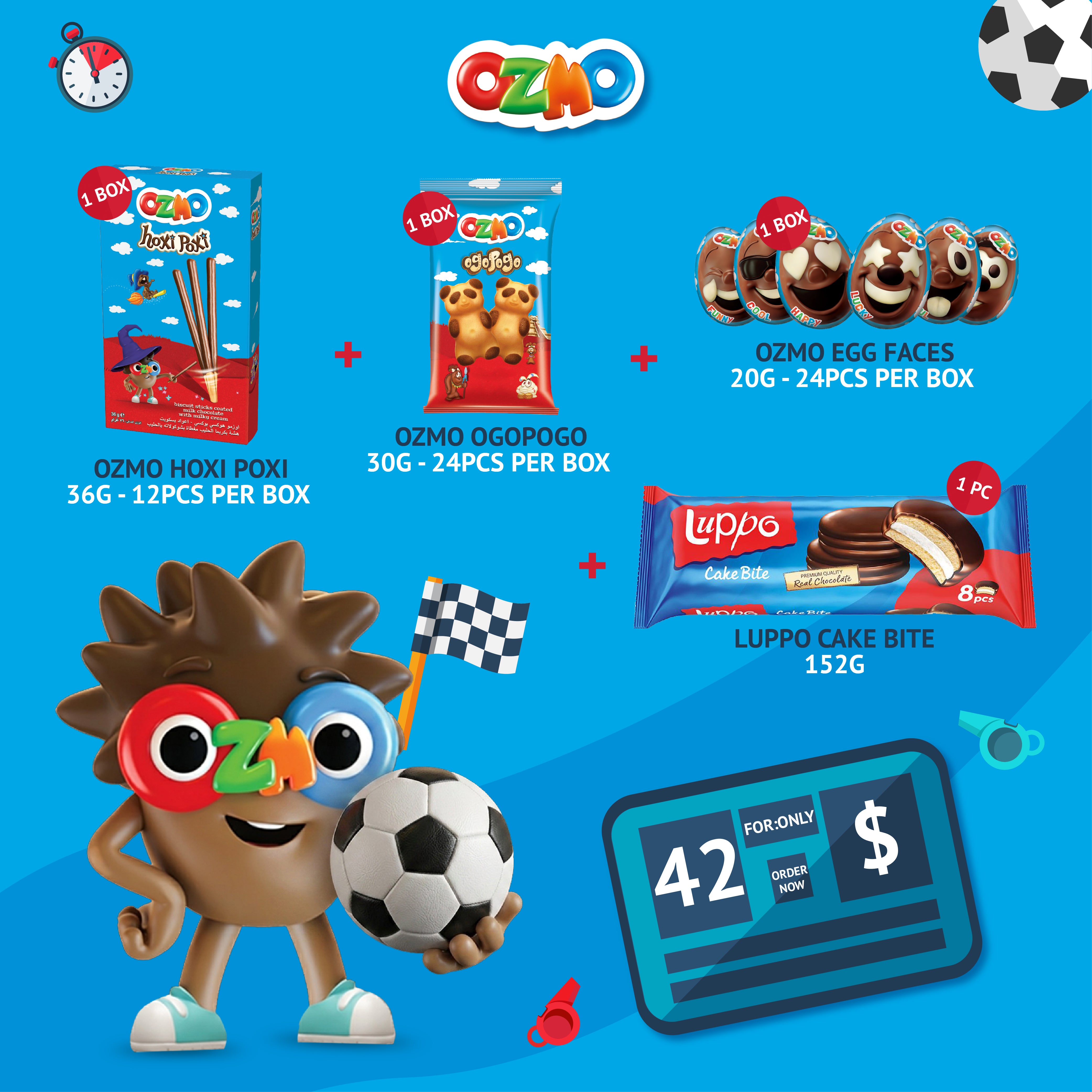 OZMO World Cup Bundle offer: Hoxi Poxi + Ogopogo + Egg Faces + Luppo Cake Bite