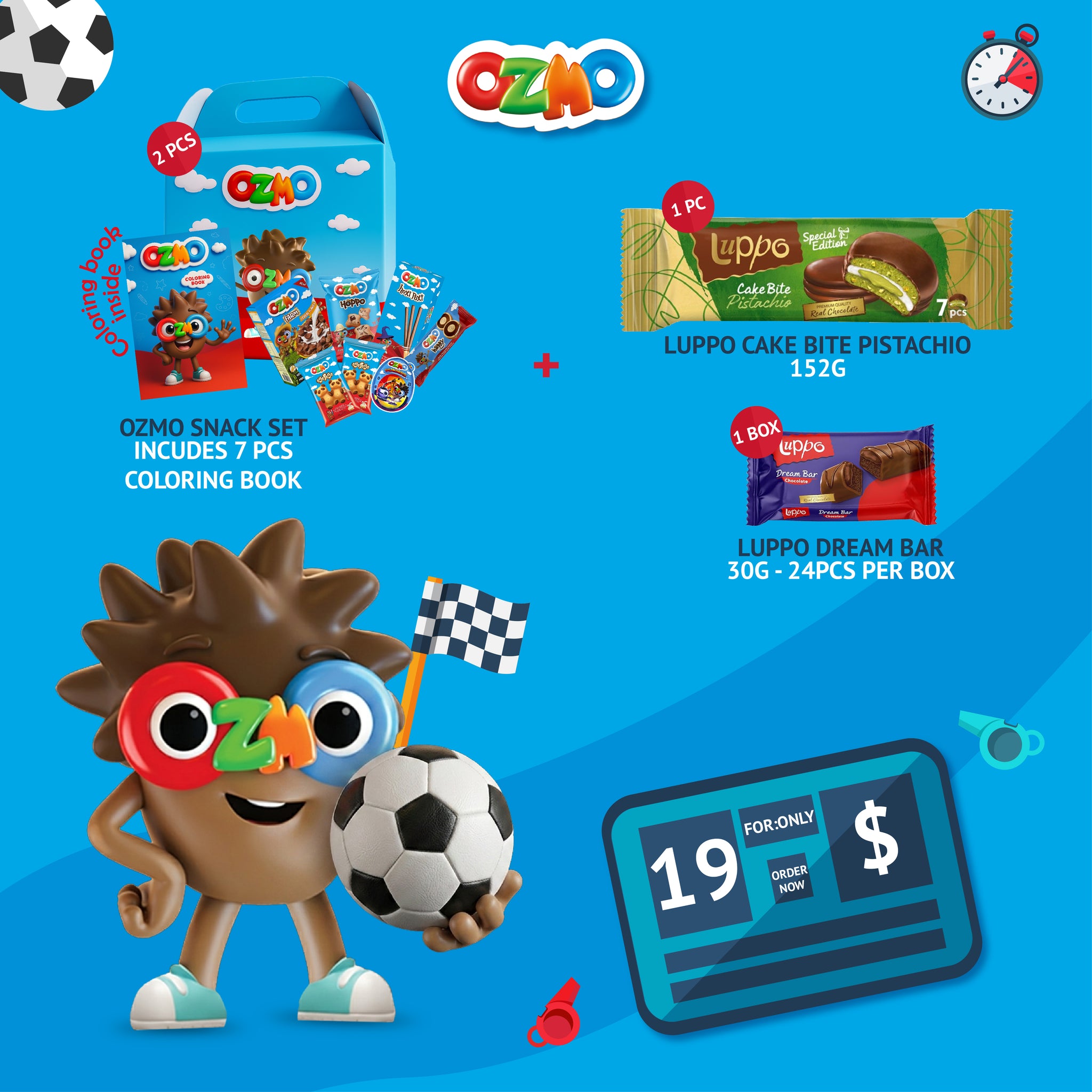 OZMO World Cup Bundle offer: Snack Set + Luppo Cake Bite Pistachio + Luppo Dream Bar