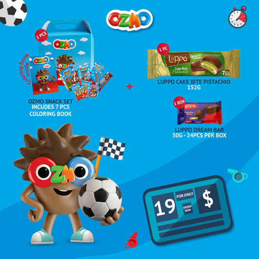 OZMO World Cup Bundle offer: Snack Set + Luppo Cake Bite Pistachio + Luppo Dream Bar