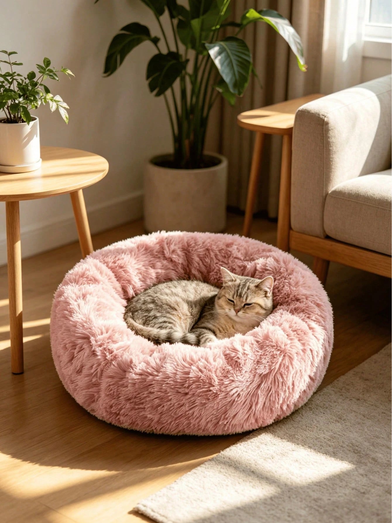 Plush Round Pet Bed – Soft Cozy Cat & Dog Bed with Non-Slip Base