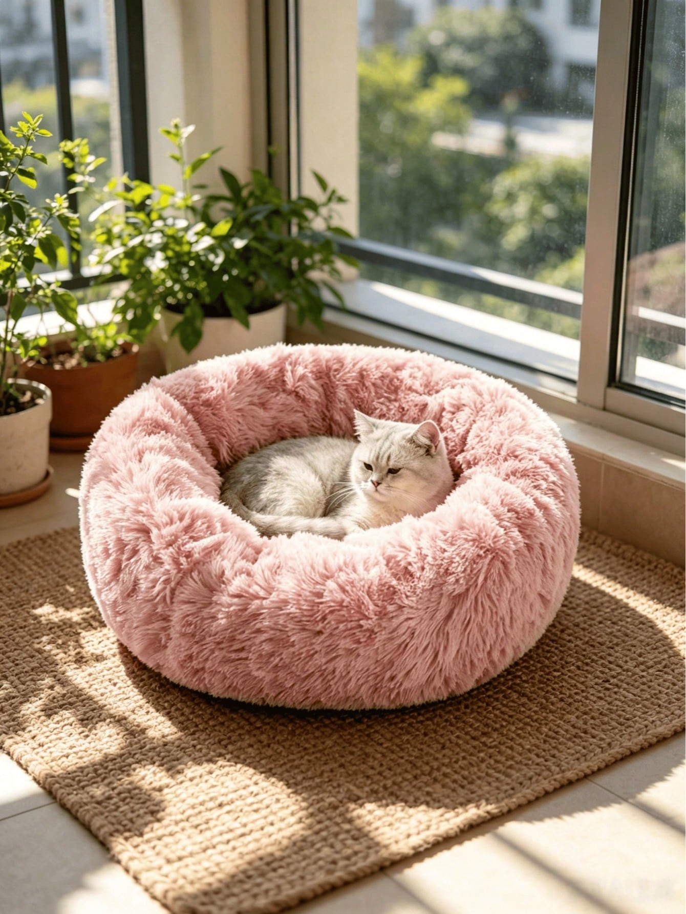 Plush Round Pet Bed – Soft Cozy Cat & Dog Bed with Non-Slip Base