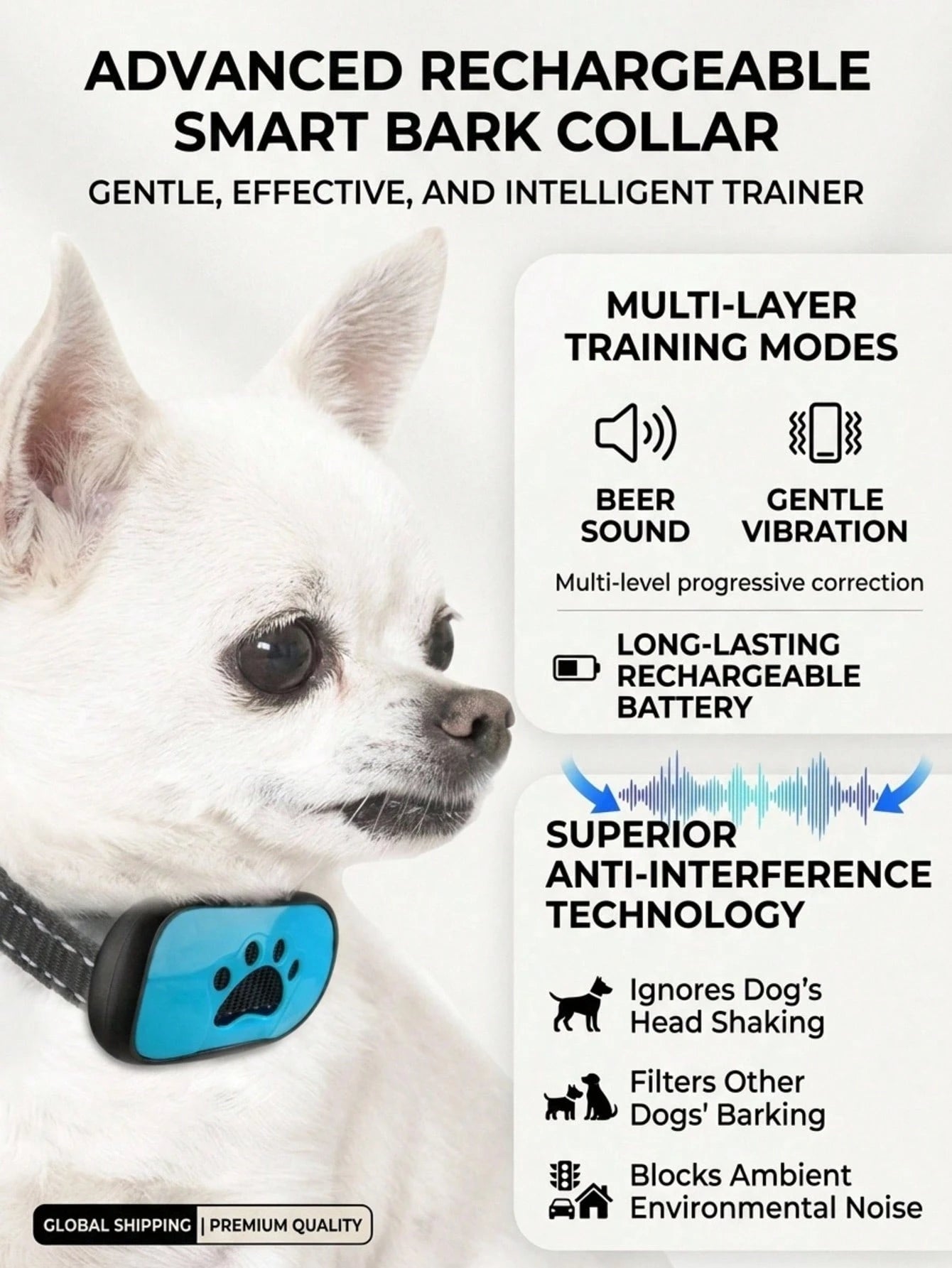 Rechargeable No-Shock Anti-Bark Collar | Smart Dog Training Collar with Beep & Vibration