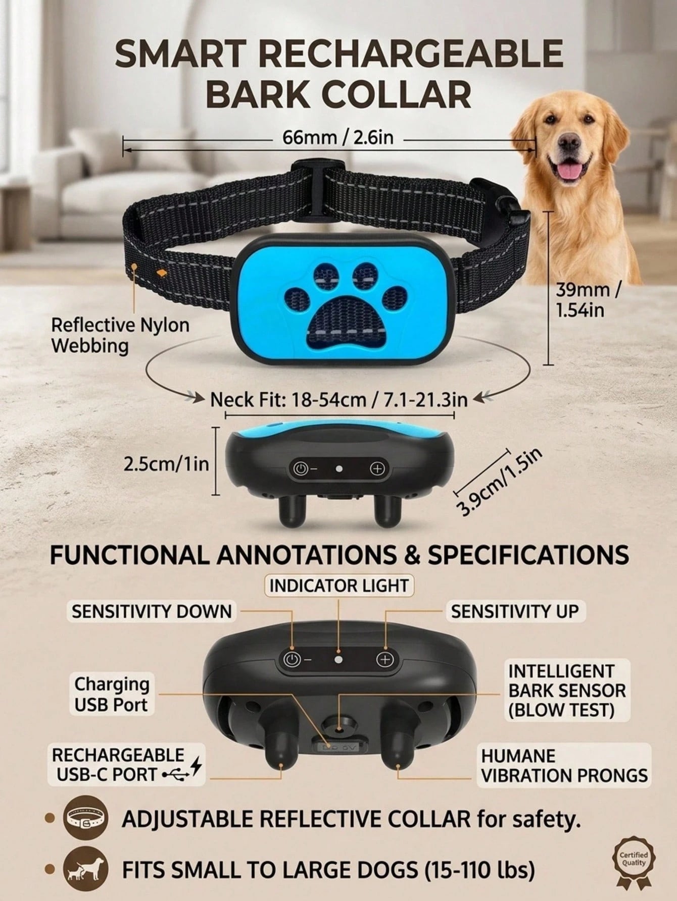 Rechargeable No-Shock Anti-Bark Collar | Smart Dog Training Collar with Beep & Vibration
