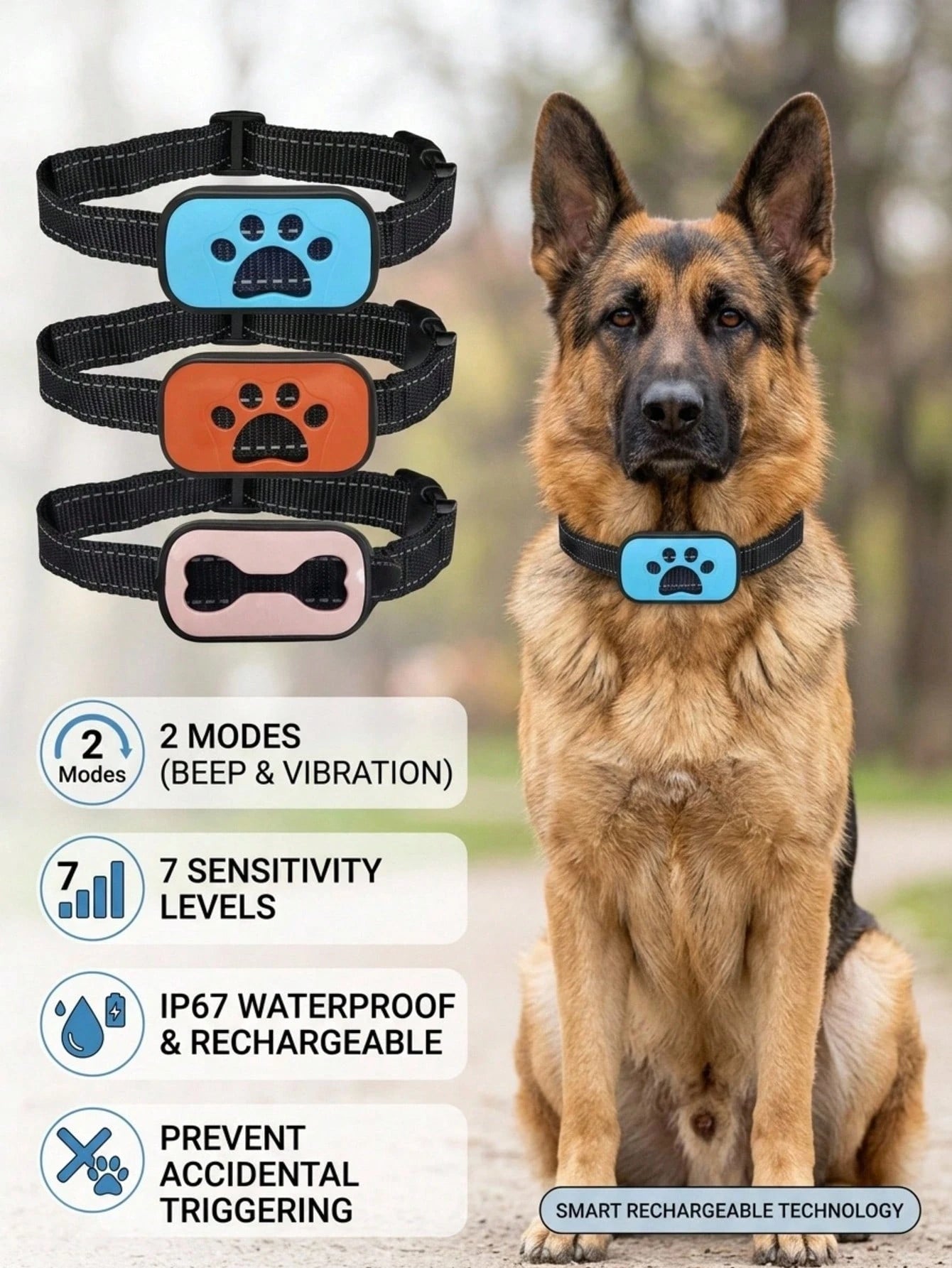 Rechargeable No-Shock Anti-Bark Collar | Smart Dog Training Collar with Beep & Vibration