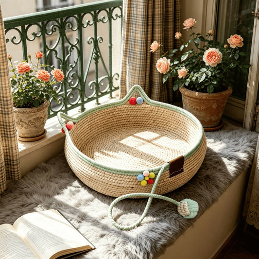 Woven Rattan Cat Bed with Scratching Board & Play Ball – Handmade Pet Nest