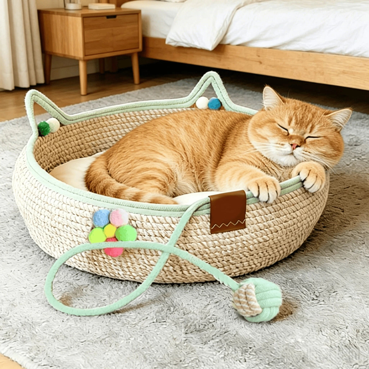 Woven Rattan Cat Bed with Scratching Board & Play Ball – Handmade Pet Nest