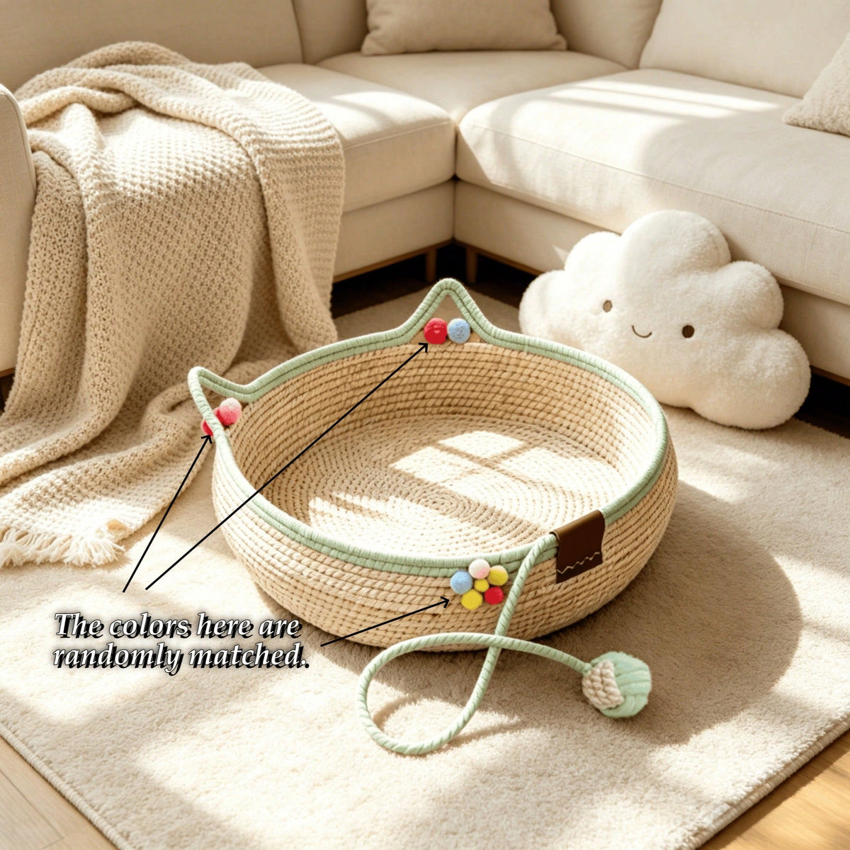 Woven Rattan Cat Bed with Scratching Board & Play Ball – Handmade Pet Nest