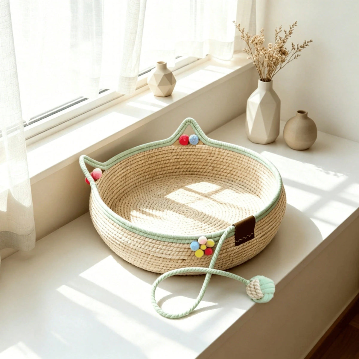 Woven Rattan Cat Bed with Scratching Board & Play Ball – Handmade Pet Nest