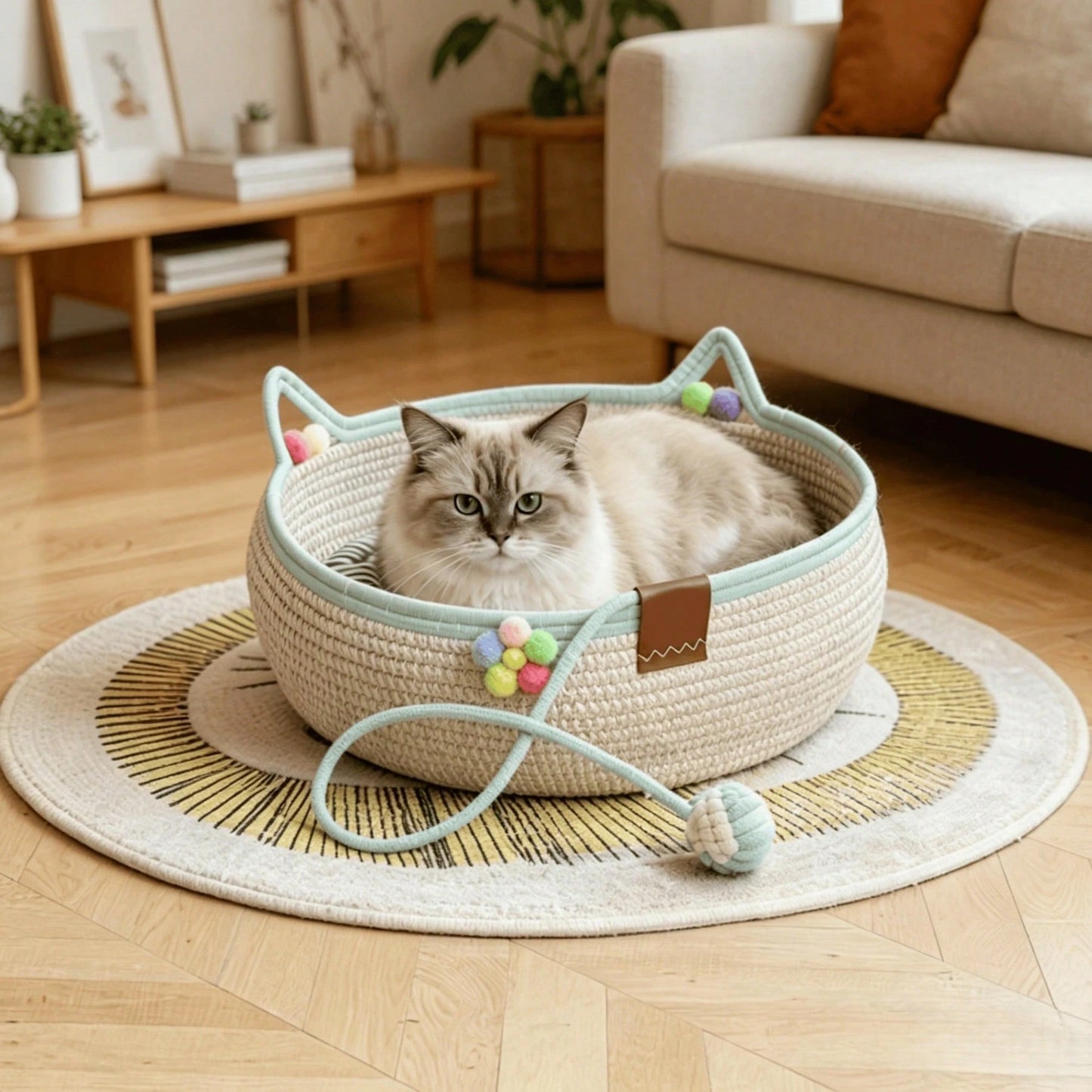 Woven Rattan Cat Bed with Scratching Board & Play Ball – Handmade Pet Nest