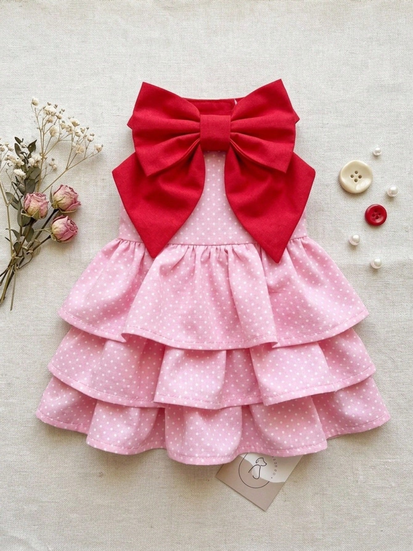 Pink Polka Dot Dog Dress with Red Bow – Small Dog Party Dress