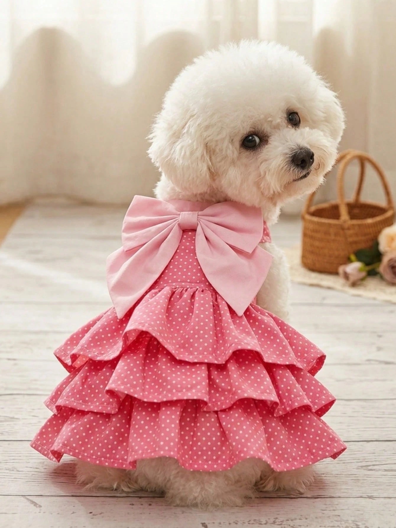 Pink Polka Dot Dog Dress with Red Bow – Small Dog Party Dress