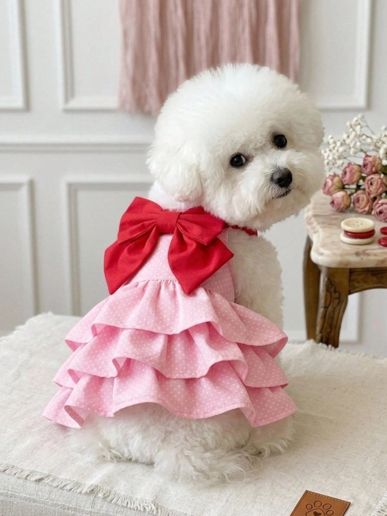 Pink Polka Dot Dog Dress with Red Bow – Small Dog Party Dress