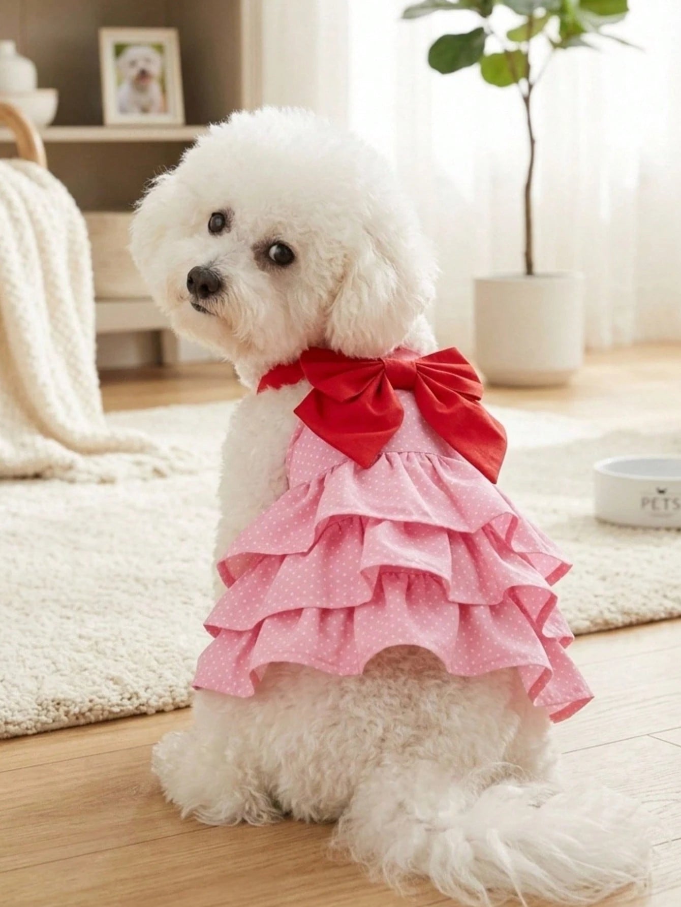 Pink Polka Dot Dog Dress with Red Bow – Small Dog Party Dress