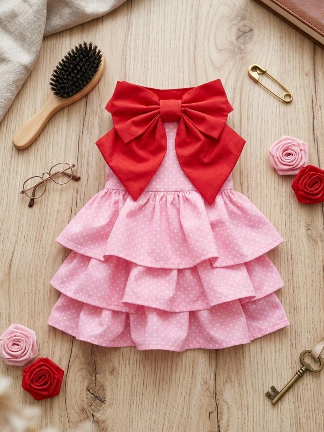 Pink Polka Dot Dog Dress with Red Bow – Small Dog Party Dress