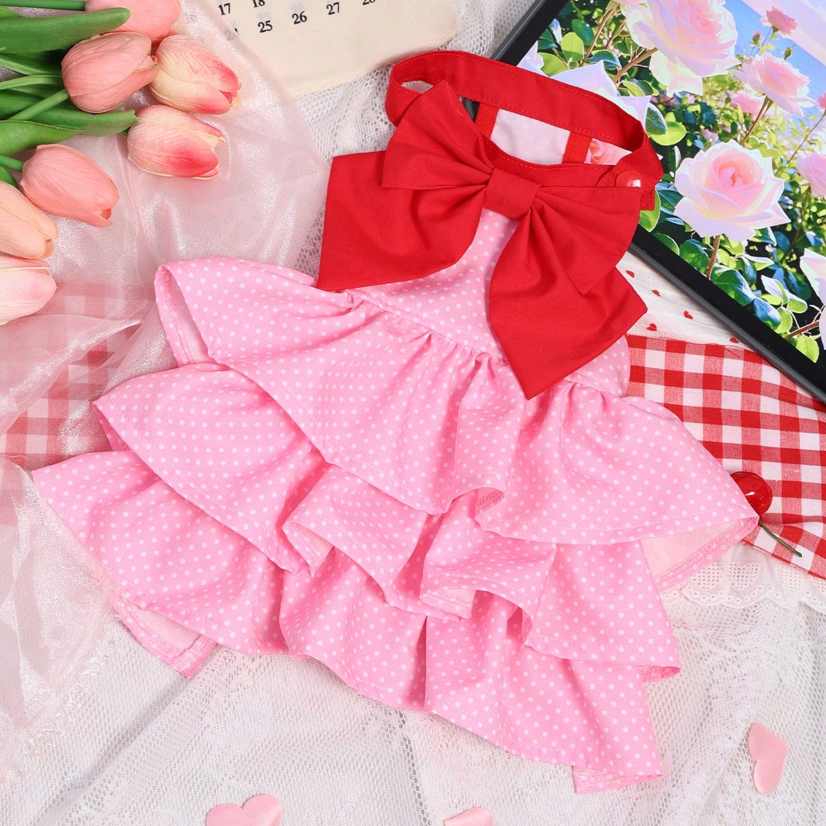 Pink Polka Dot Dog Dress with Red Bow – Small Dog Party Dress