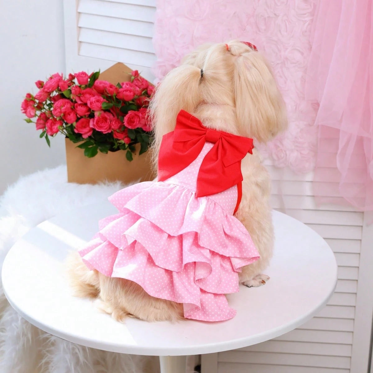 Pink Polka Dot Dog Dress with Red Bow – Small Dog Party Dress