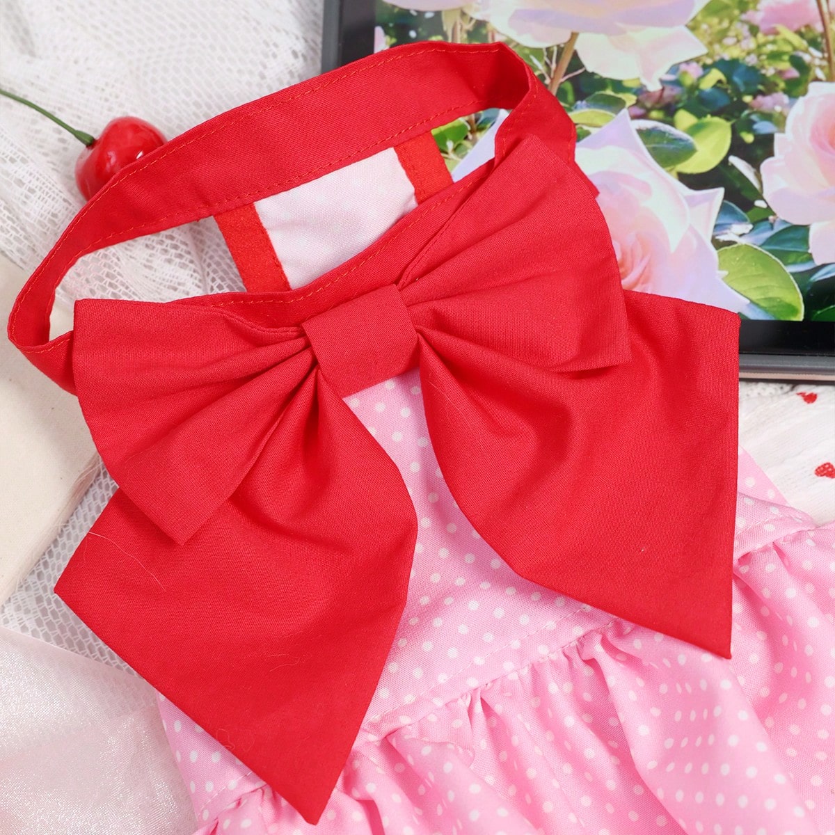 Pink Polka Dot Dog Dress with Red Bow – Small Dog Party Dress