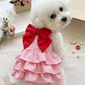Pink Polka Dot Dog Dress with Red Bow – Small Dog Party Dress