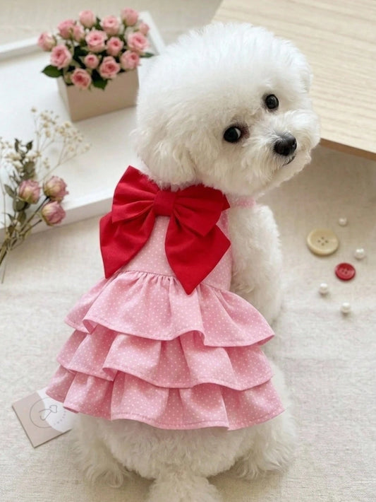 Pink Polka Dot Dog Dress with Red Bow – Small Dog Party Dress