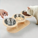 Elevated Cat Bowl Set with Wooden Stand – 3 Stainless Steel Bowls