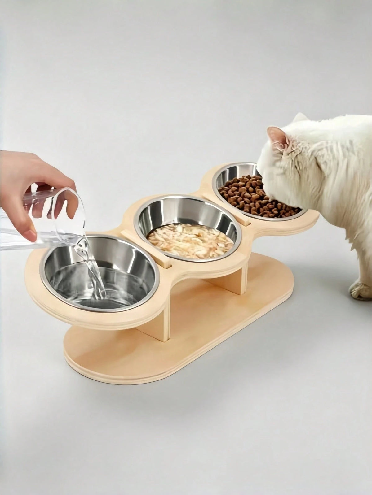Elevated Cat Bowl Set with Wooden Stand – 3 Stainless Steel Bowls