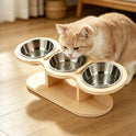 Elevated Cat Bowl Set with Wooden Stand – 3 Stainless Steel Bowls