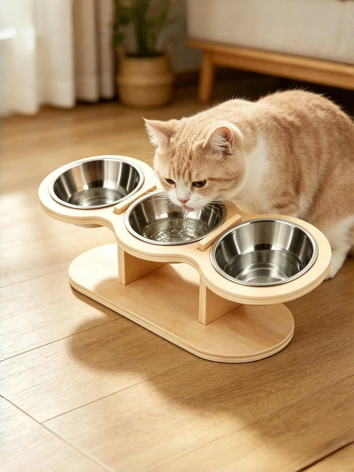 Elevated Cat Bowl Set with Wooden Stand – 3 Stainless Steel Bowls