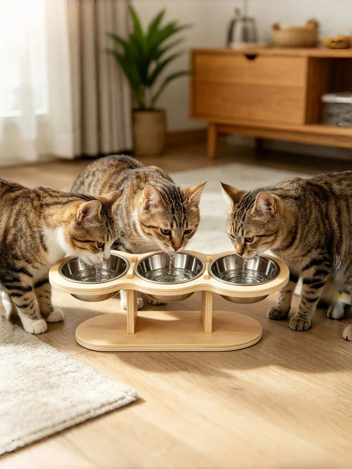 Elevated Cat Bowl Set with Wooden Stand – 3 Stainless Steel Bowls
