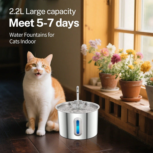 Stainless Steel Cat Water Fountain 2.2L Automatic Pet Water Dispenser (With 4 filters)
